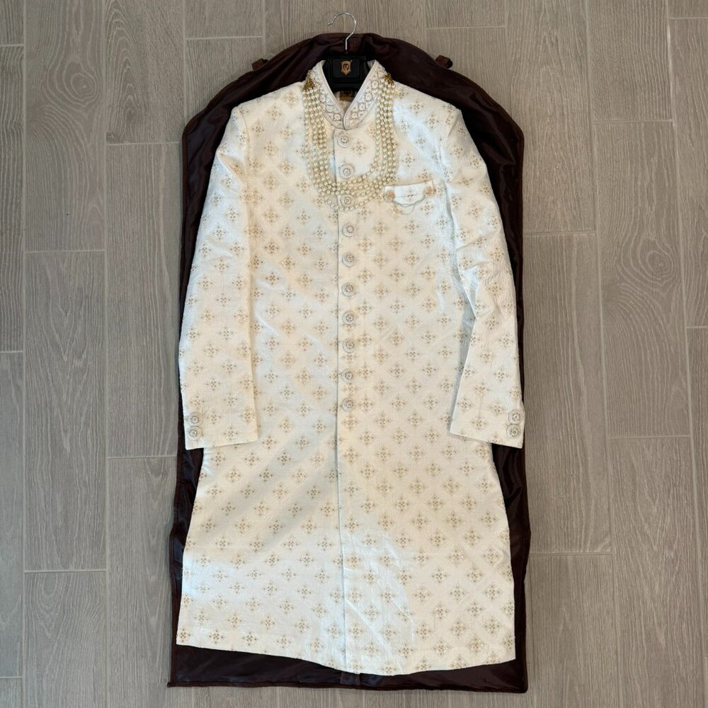 Warm White/Cream Men’s Wedding Sherwani - Size M - Brand Manyavar